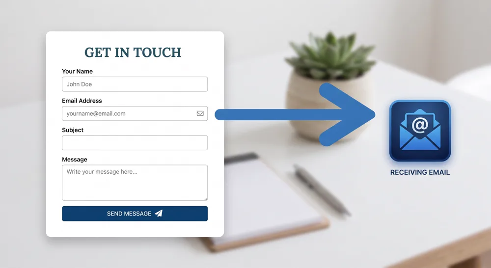 A website contact form with an arrow leading to an email inbox