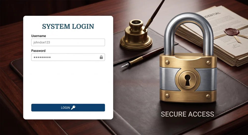 A login form beside a brass padlock on a desk with confidential papers